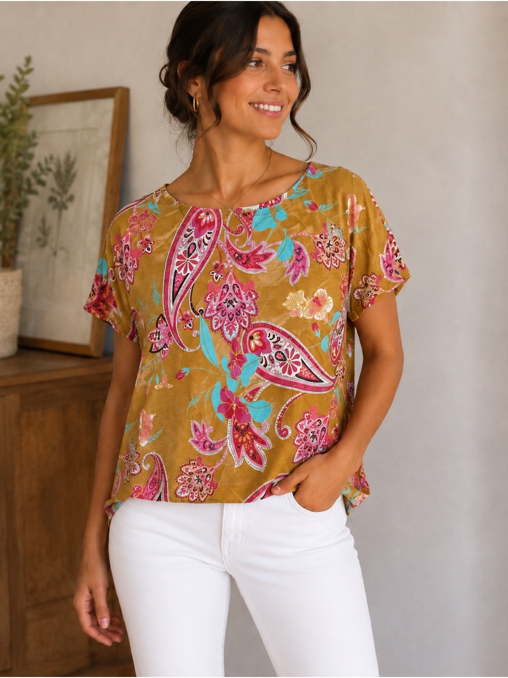 Dear Scarlett Women’s Large Paisley Floral Blouse Boho Top NWOT